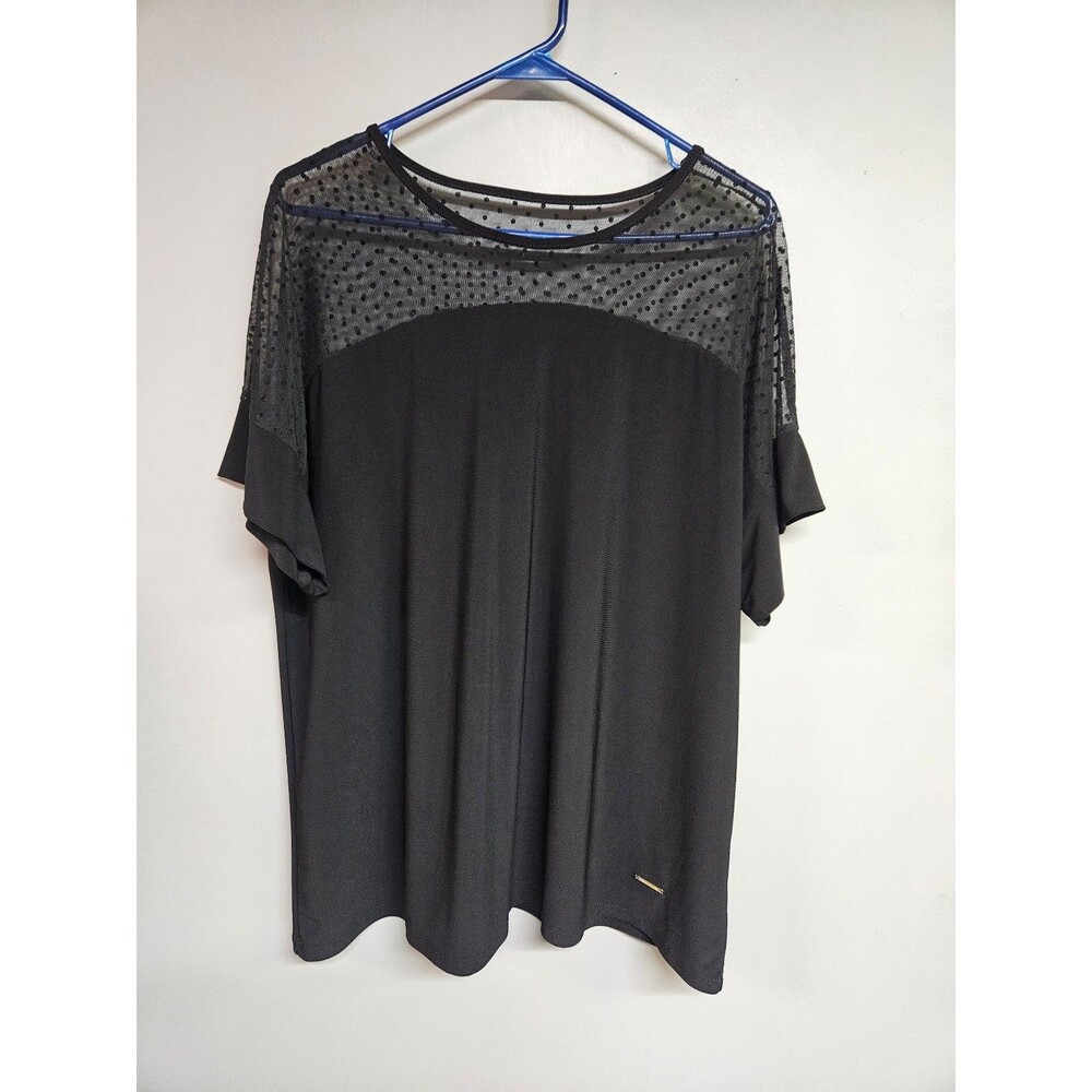 Anne Klein Women's Black Sheer Dot Short Sleeve Blouse xl